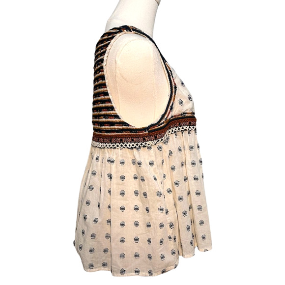 Zara Cream Brown Sleeveless Embroidered Tassle Tie Cotton Blouse Small Boho - Picture 3 of 9